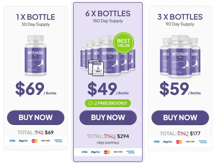 NiteHush Pro 1 bottle 3 bottle and 6 bottle pricing packages